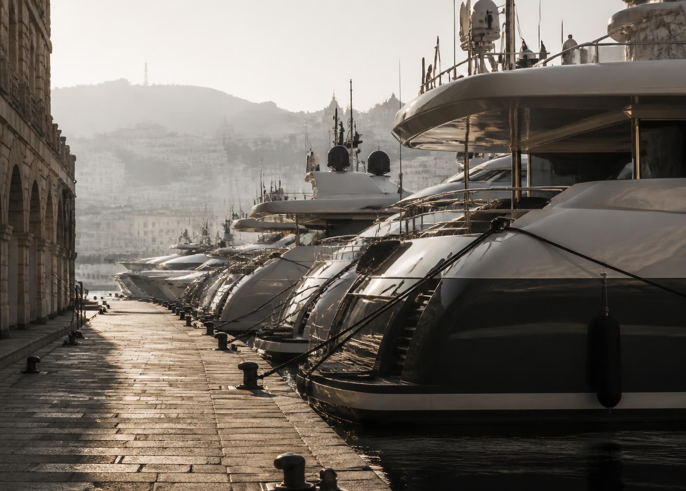 Motor yachts moored along a Mediterranean quay at first light