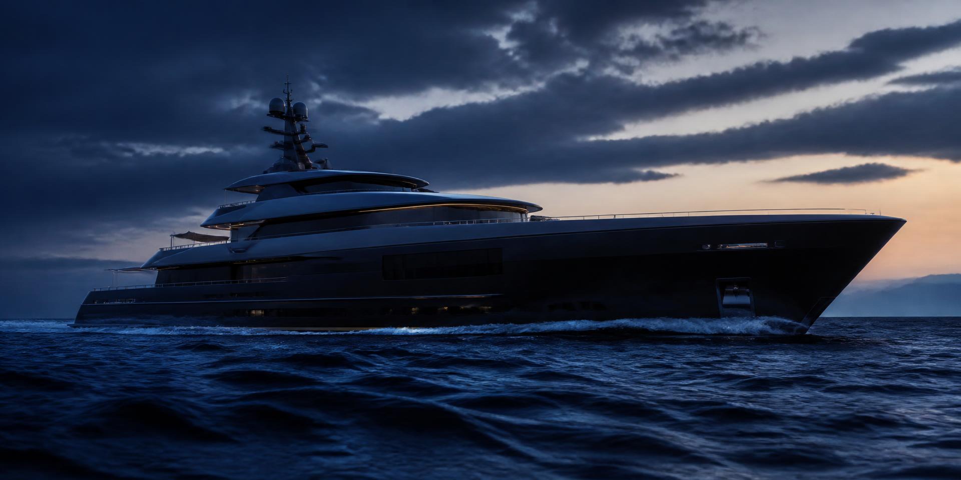 A superyacht under way in open sea at dusk